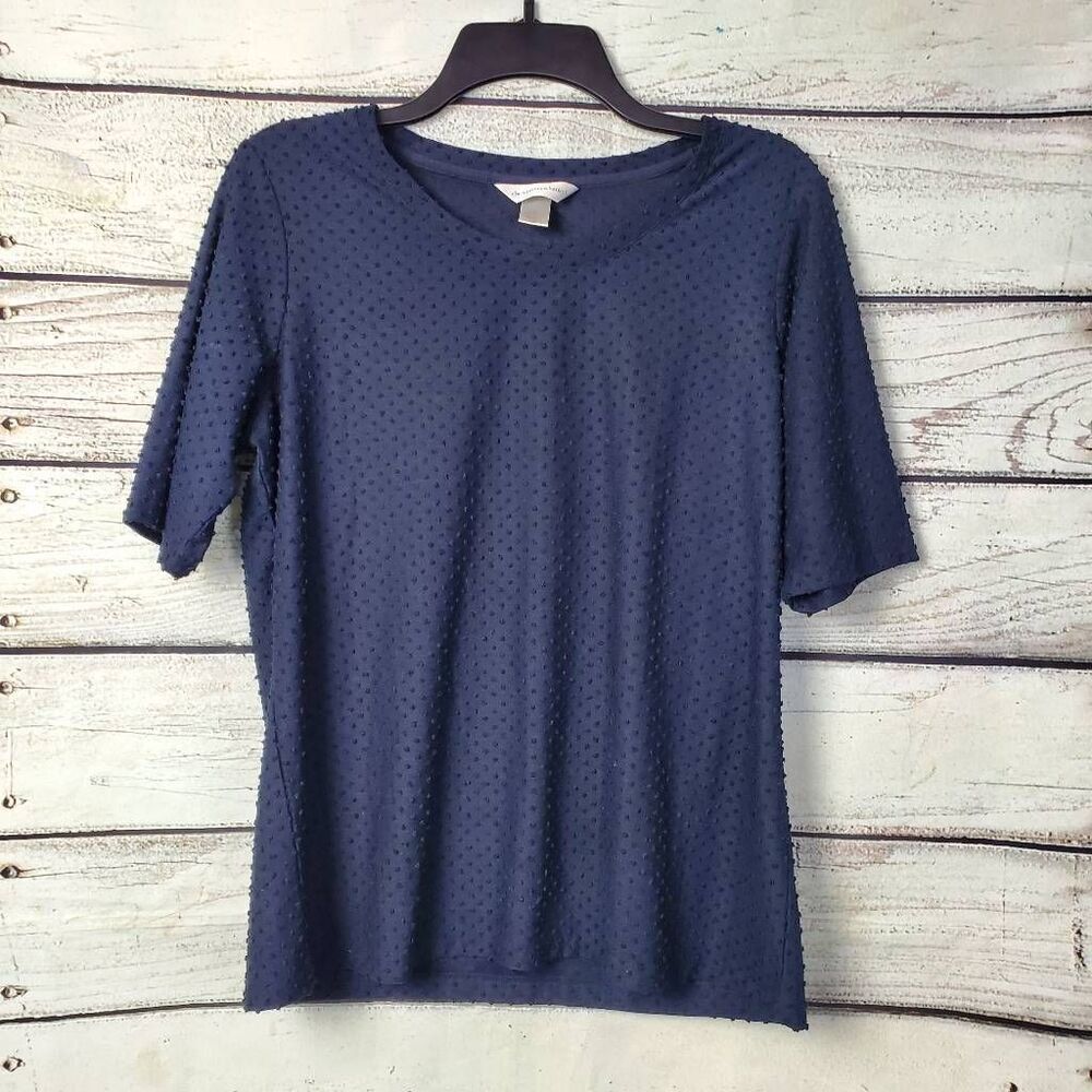 Christopher & Banks Navy Blue Dot Texture Knit Top Size L Short Sleeve Pullover